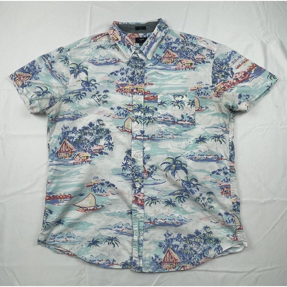 J. CREW SLIM FIT HAWAIIAN CAMP SHIRT MENS LARGE TROPICAL ISLAND PRINT COTTON